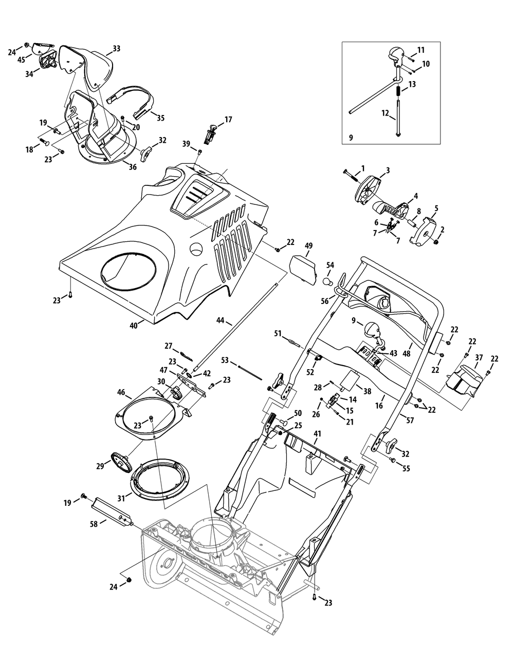 Shroud, Chute And Handle Diagram and Parts List for 1X221LHP (31AM2T6D709-31AM2T6D710-31AM2T6D713-31AM2T6D756)(2014) Cub Cadet Snow Blower